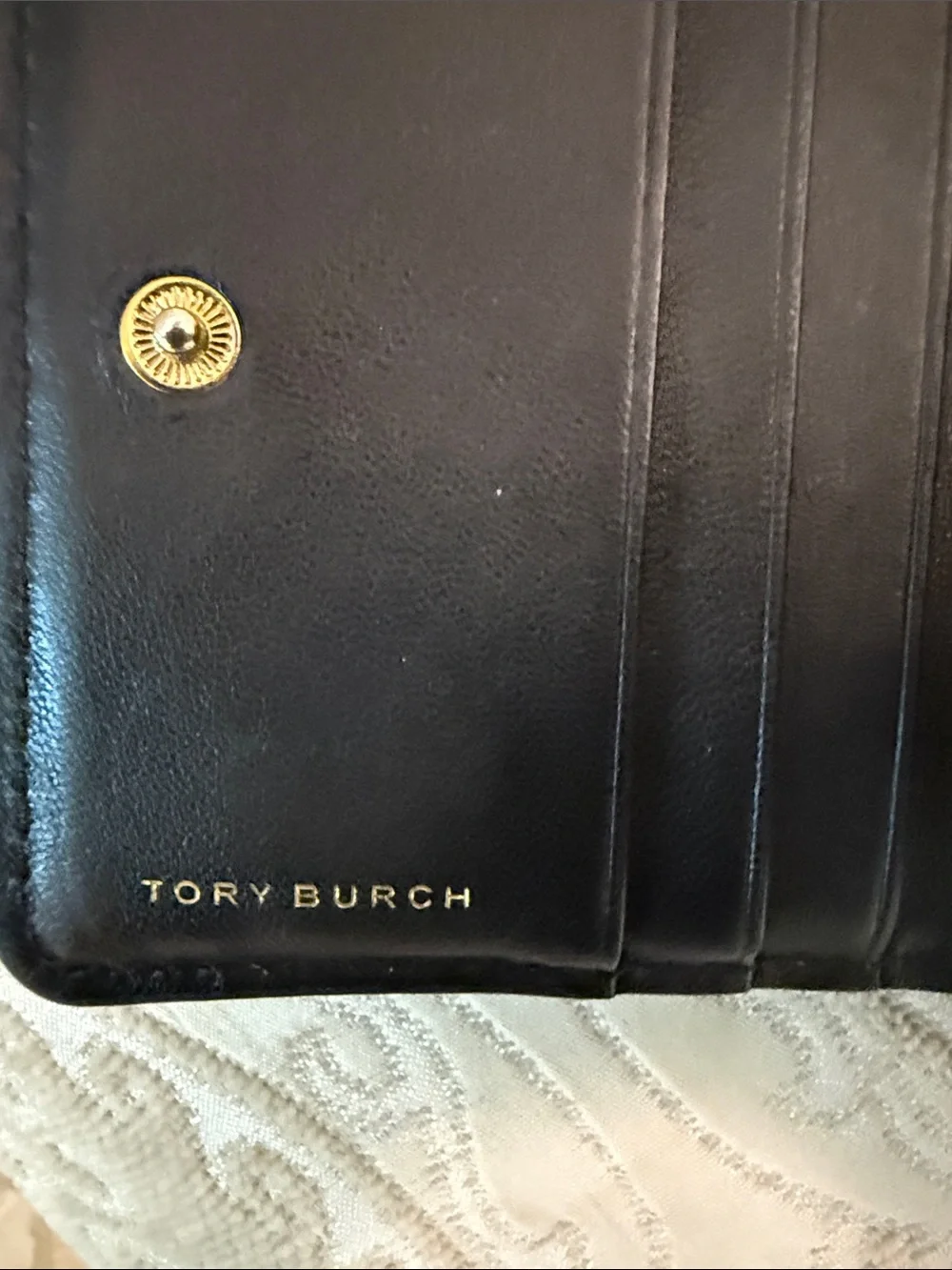 Tory Burch Kira Black Chevron Quilted Leather Bi-fold Wallet Gold Logo